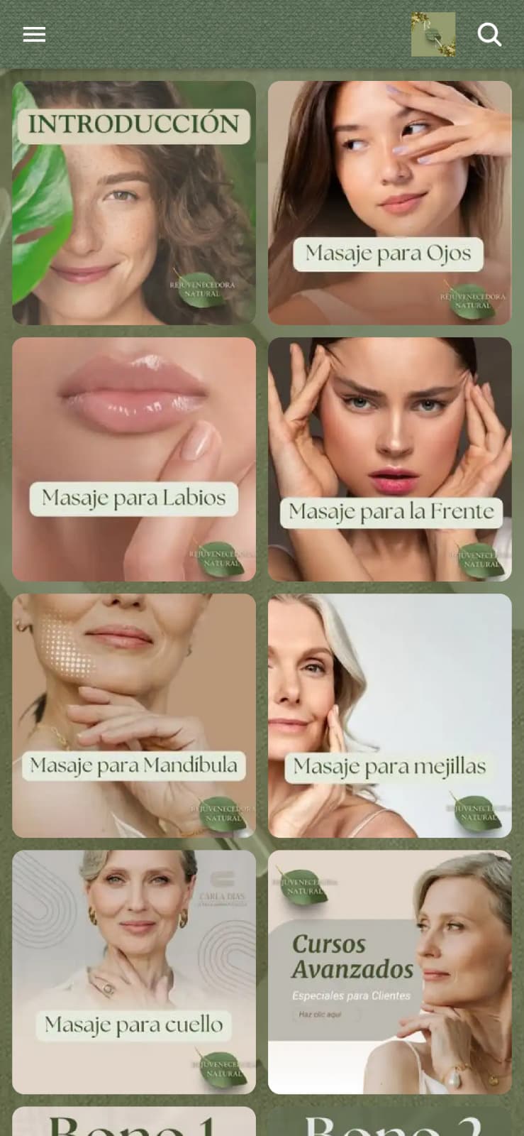 Referencia visual de Rejuvenecedora Natural con masajes faciales y tonos verde oliva